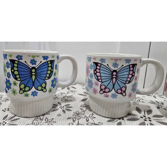 Vintage 1970s Butterfly Mugs Set of 4 Made in Japan – Retro Flower Power Design - Picture 2 of 13